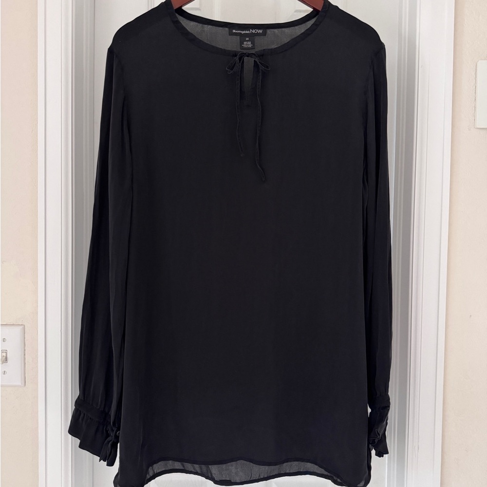 Bloomingdale’s 100% Silk Black Tie-Neck Blouse Size 14